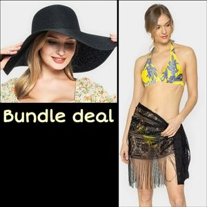 Black Sarong & Large Oversized Beach Hat Bundle